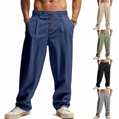 Loose Fit Herren Baumwolle Leinen Hose Einfarbig Gerader Schnitt Volle Länge