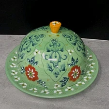 Anthropologie Mint Green Floral Covered Butter Dish Ceramic Domed Lid Boho Chic