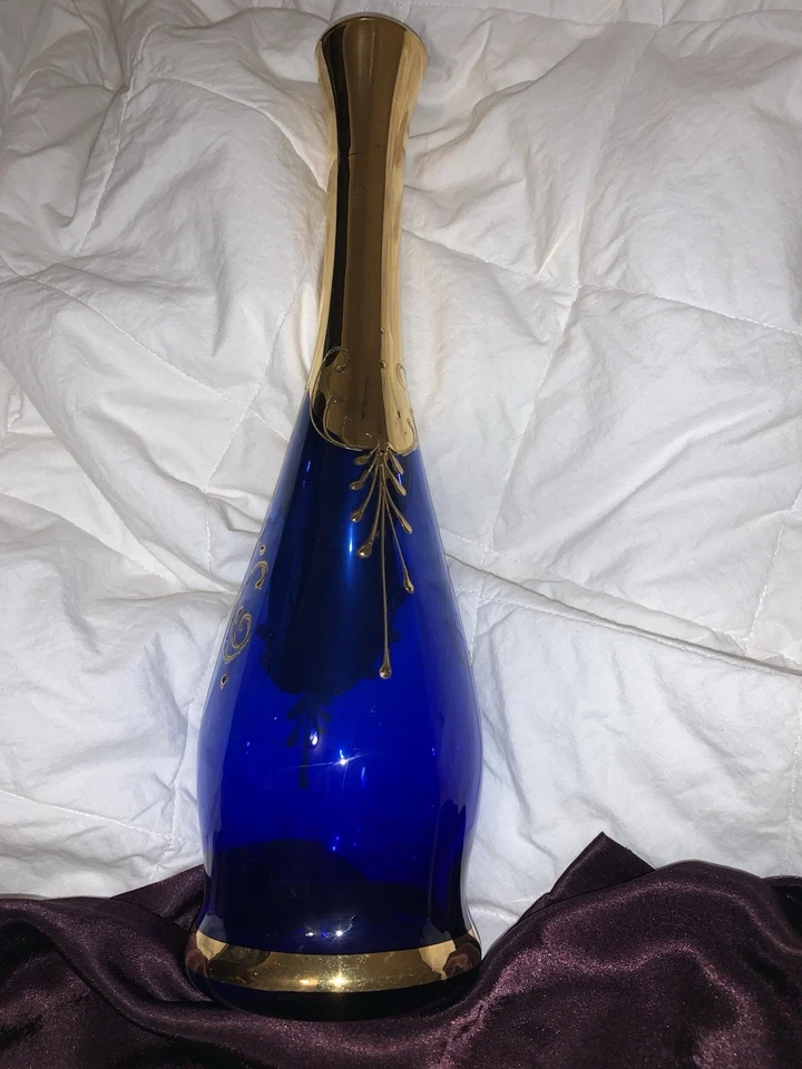 19th century Italian Murano Cobalt Blue Glass 24K Gold Enamel Decanter signed - Image 3 of 4