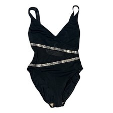 Vintage Anne Klein Sirena Black One Piece Swimsuit Size S/M Mesh Rhinestone 90s
