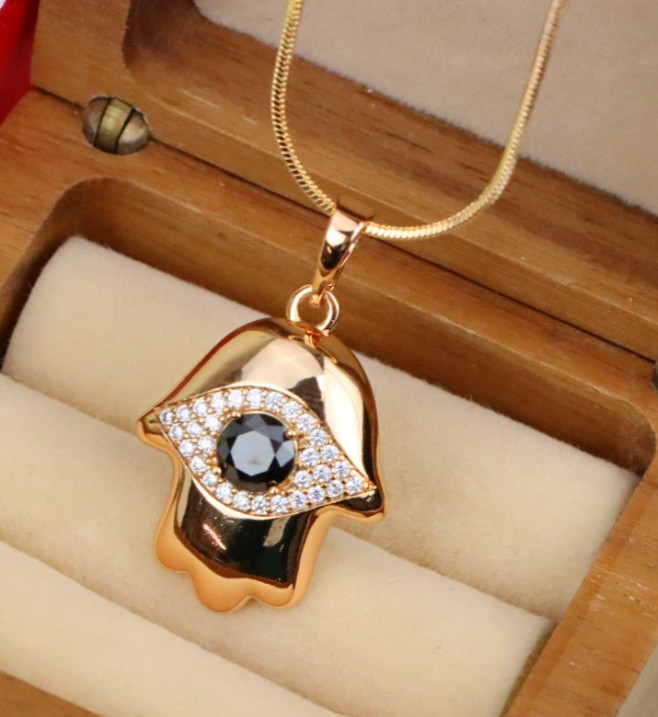 Black Evil Eye Hamsa Pendant Gold Plated Protection Amulet, Xppt1756 - Product main view