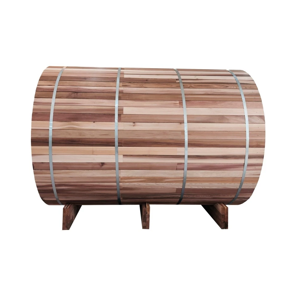 Sauna de barril, cedro rojo articulado con dedos, porche, calentador eléctrico, 8 pies, ajuste 4+2 Foto 3 de 4