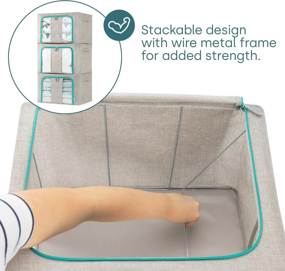 LIVIVO 3 Foldable Storage Boxes–66L with Steel Frame, Windows & Zips(Grey/Green) - Image 3 of 4