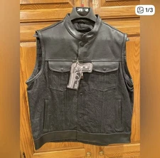 Black Leather And Denim Vest Z1R Men’s Large NWT Conceal Carry Pocket Size Large