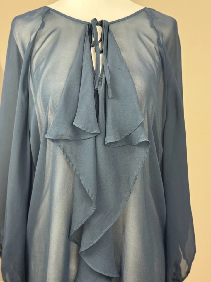AQUA Sheer Blue Ruffle Blouse Womens M Long Sleeve Chiffon Top Romantic Boho - Image 4 of 4
