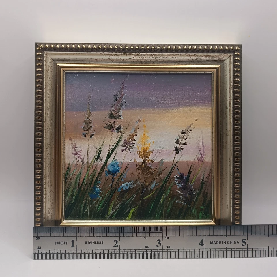 Pintura a óleo original flores de campo assinado emoldurado miniatura tamanho 4*4 polegadas - Imagem 2 de 4