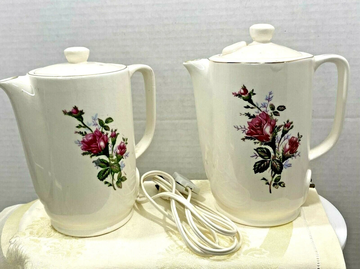 SET Vintage Electric Tea Pot Kettle Ceramic Pink Rose Tea Set 6 Cups 4  Saucers