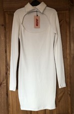 BNWT Mispap cream ribbed stretch long sleeve cut out bodycon dress, 6 