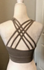 Sz S Taupe Textured Stretch Leisure SPORTS BRA Activewear STRAPPY BACK Crop Top