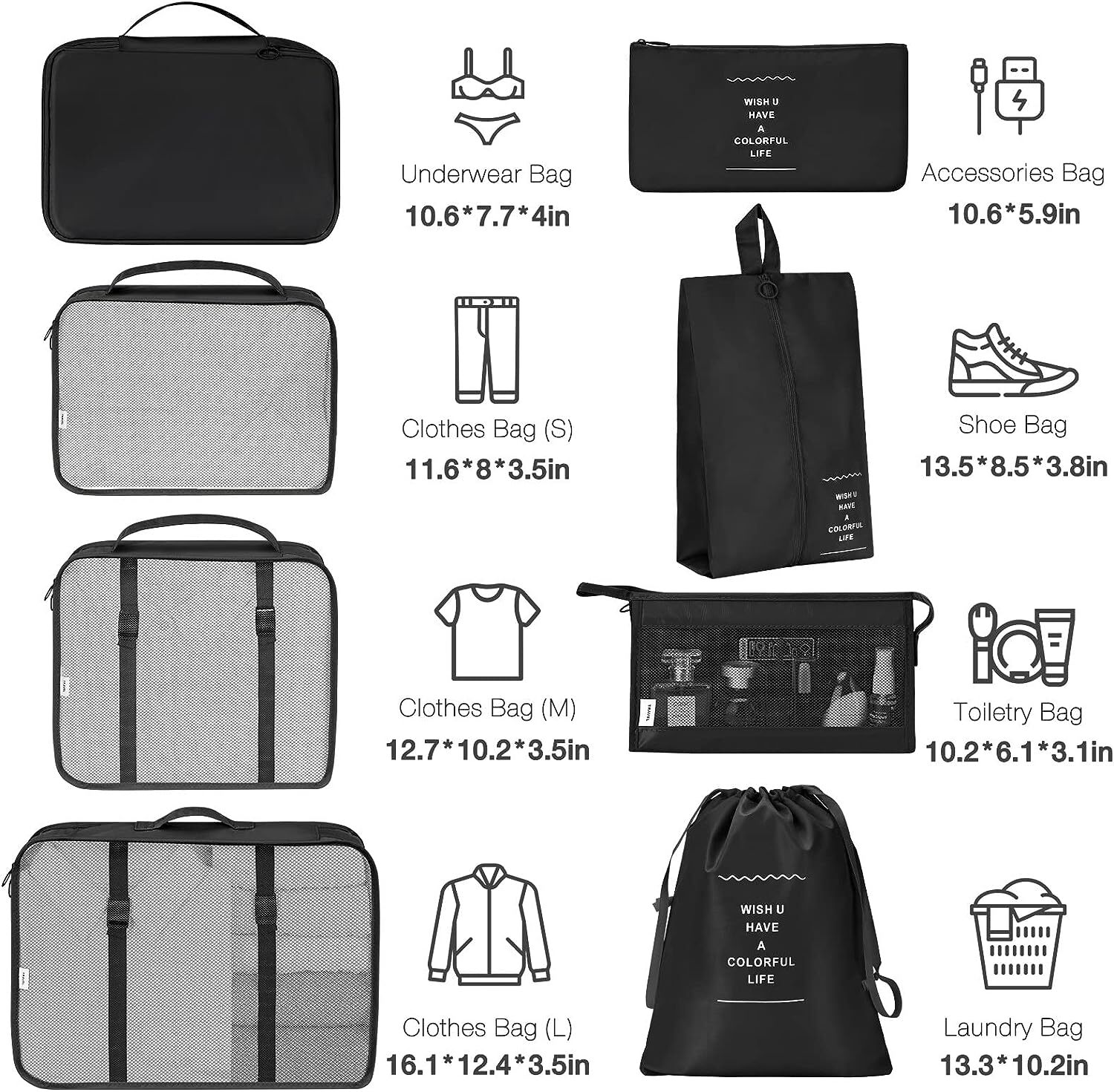 8PCS Packing Cubes Luggage Travel Pouches Organiser Clothes Suitcase