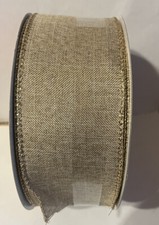 2 1/2  x 80 Ft Wired Edge Ribbon . Sand Color Burlap With Gold Edge.