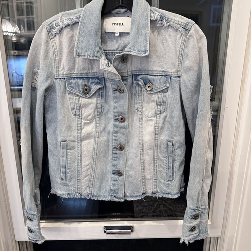 Pistola Women's Blue Denim Jacket Light Wash Distressed Raw Hem Cropped Size XS - Picture 7 of 7