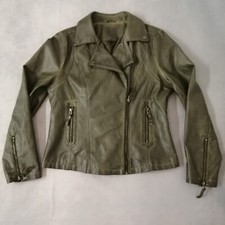 Max Studio Jacket Womens Size 12 Large Khaki Olive Pleather Biker Short
