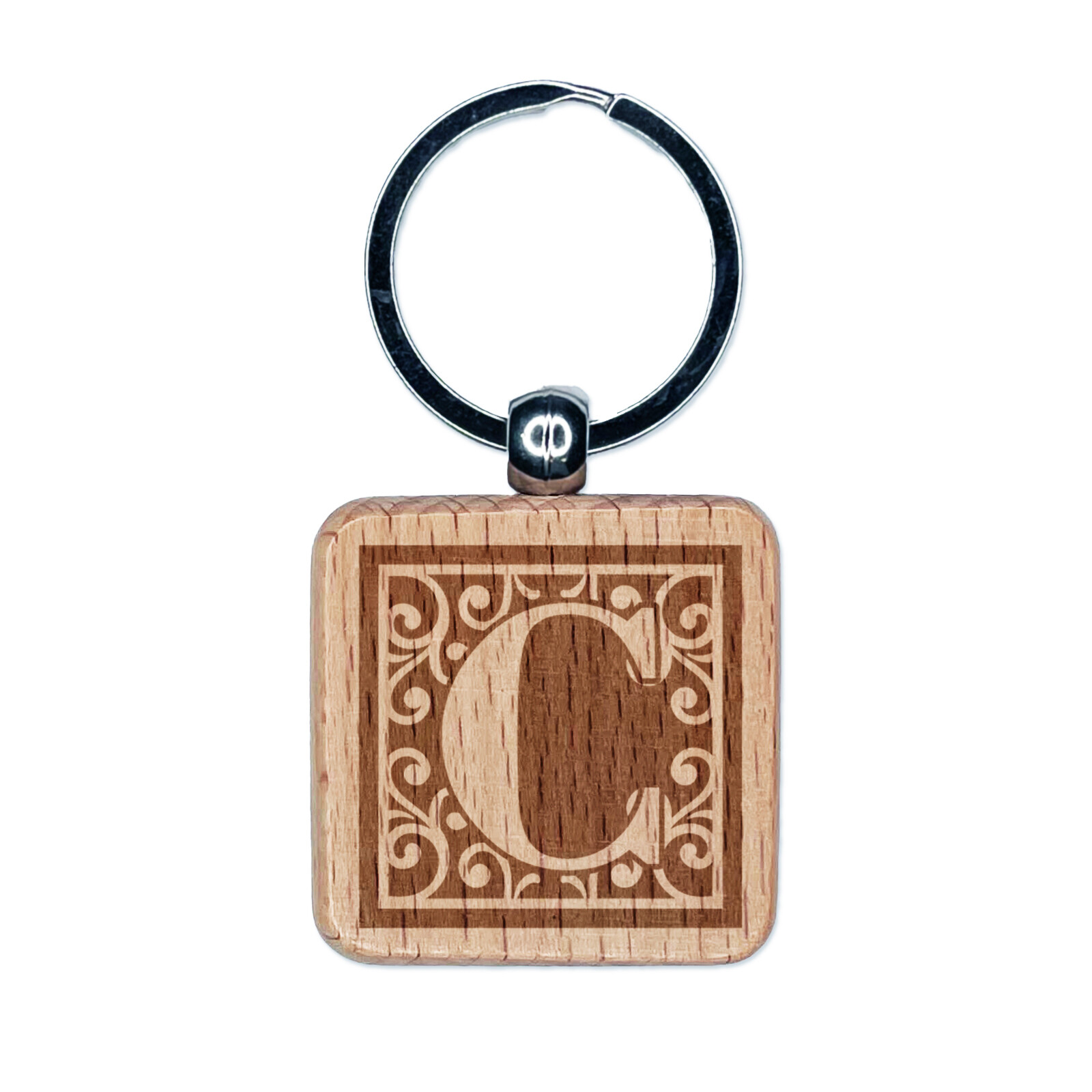 Monogram Swirls Capital Letter C Engraved Wood Square Keychain Tag Charm