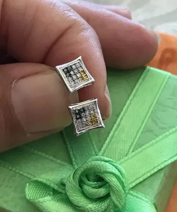 Pendientes Cuadrados Oro Blanco 14k Diamantes Blancos Negros 6x 6mm Joyería Fina Foto 2 de 4