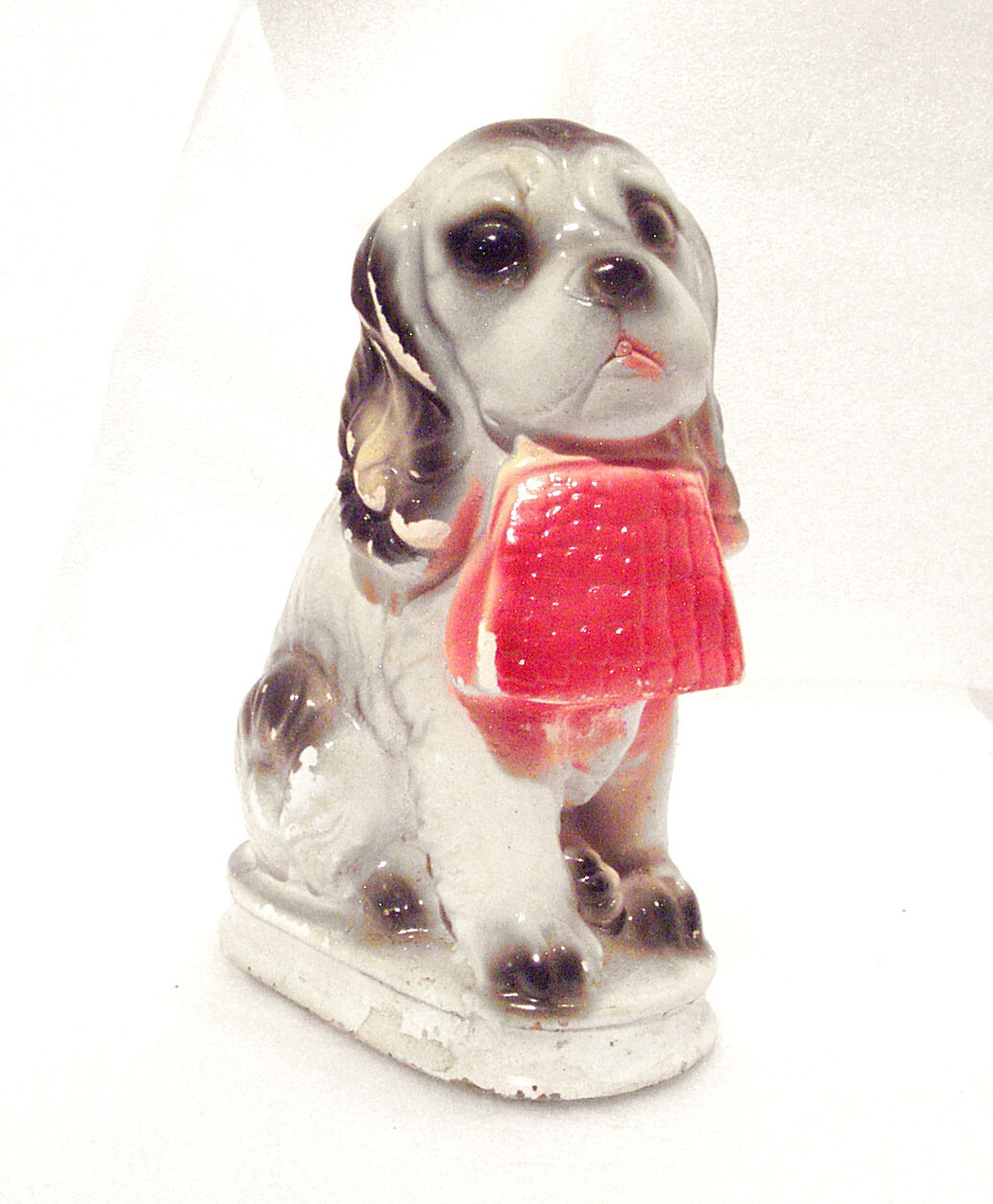 Vintage Chalkware Spaniel Puppy Dog Holding Red Purse in Mouth 7” Tall