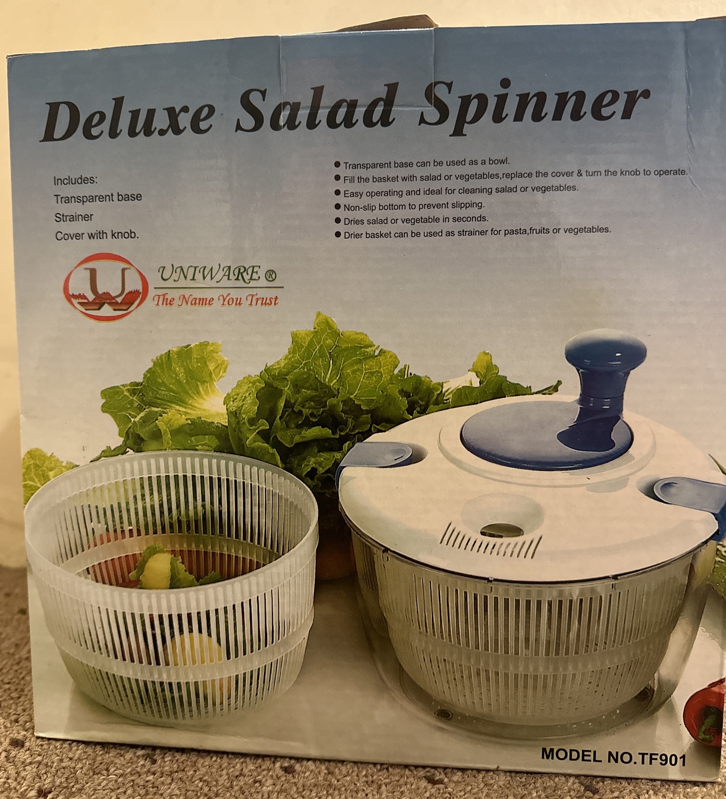 Deluxe Salad Spinner Bowl With Locking Lid, Transparent New In Package - Uniware-image
