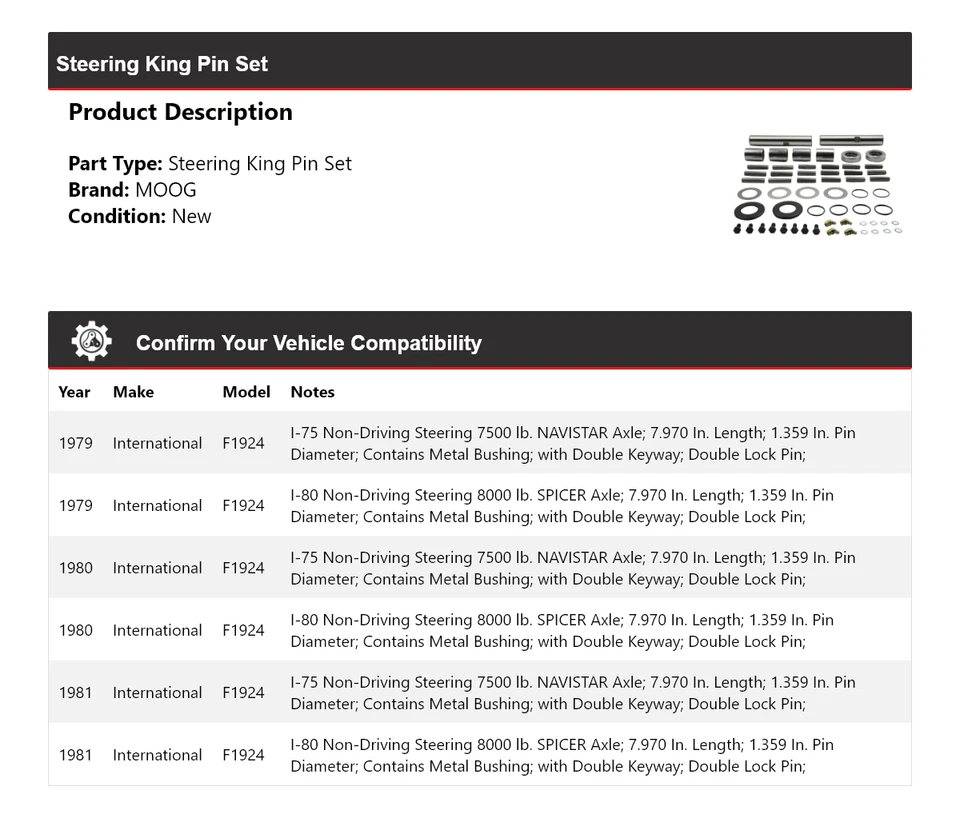 适用于 1979 - 1981 年国际 F1924 转向王别针套装 MOOG 1979 1980 1981 — 第 2/4 张图片