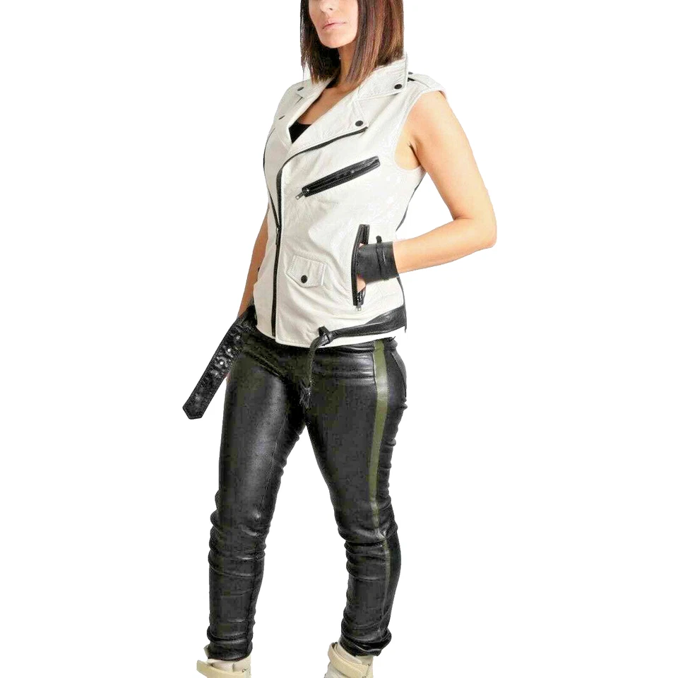 Chaleco sin mangas BLK DNM de cuero blanco roto negro motociclista moto talla XS Foto 2 de 4