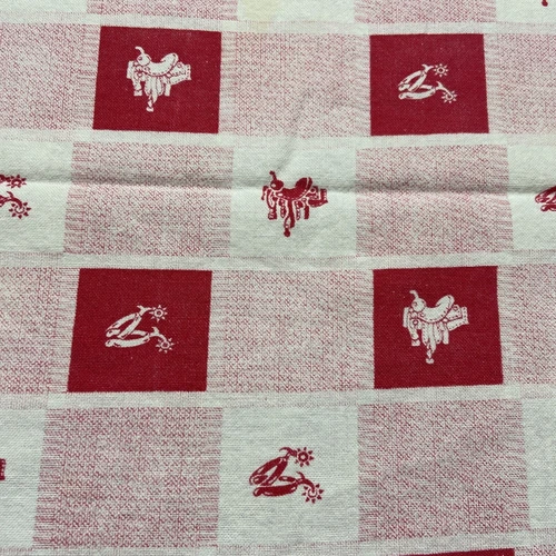 Vintage Western Cowboy Tablecloth 44” X 48” some stains Red And White.  EB16