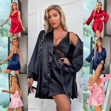 Sexy Lingerie Satin Lace Dress Underwear Babydoll Sleepwear Set Nightwear Robe