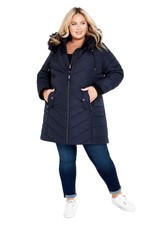 Avenue Women's Plus Size Chevron Faux Fur Hood Long Puffer Coat
