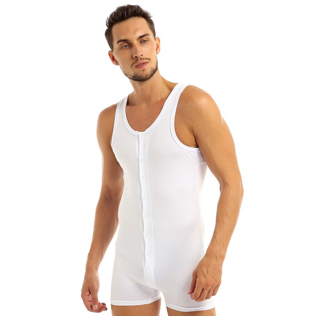 Mens Cotton Bodysuit Button up Sleeveless Singlet Lingerie Sports Gym