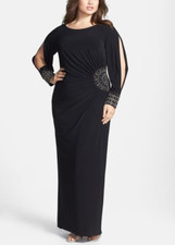 Xscape~Embellished~ Black~Stretch Jersey~ Long~ Dress~Long Sleeve~Size 16W~NWOT