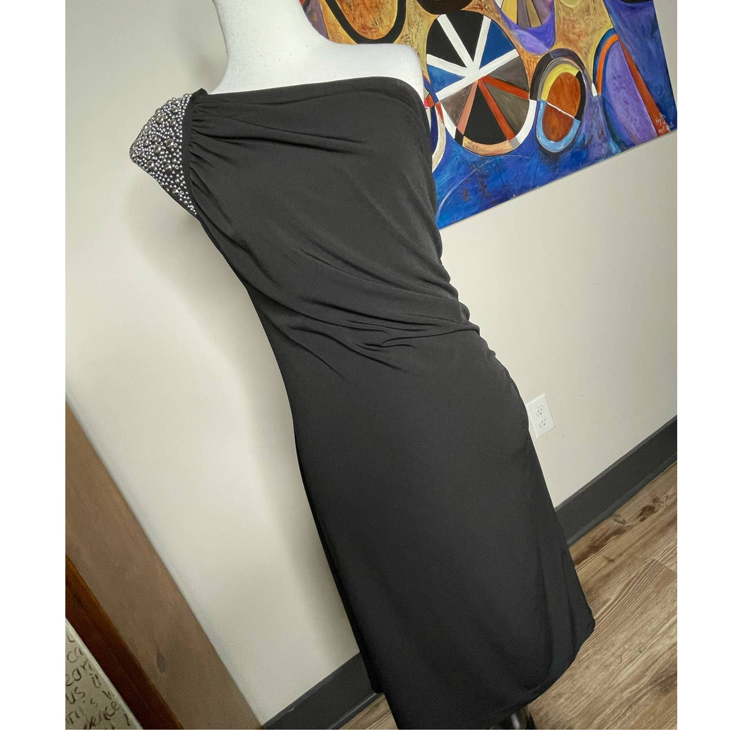Silver Stud One Shoulder Sheath Cocktail Dress Sz M by Allen B-image