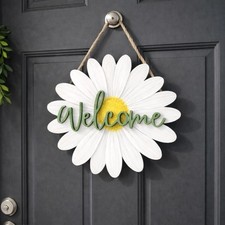 Daisy Welcome Door Sign, White Flower Wooden Sign, Farmhouse Spring Decor