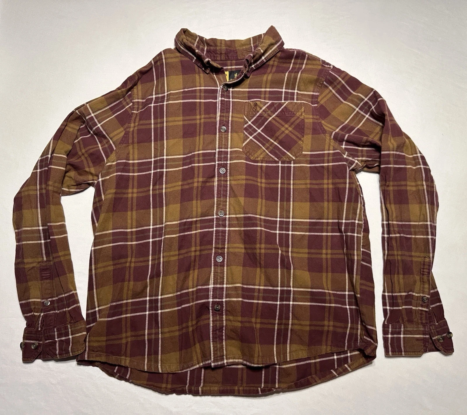 Browning Flannel Shirt Men’s XL Brown Burgundy Plaid Button Front Long Sleeve Ou