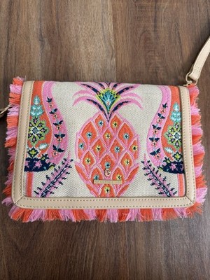 Spartina 449 Natural Raffia Multi Pineapple Embroidered Crossbody Clutch Handbag