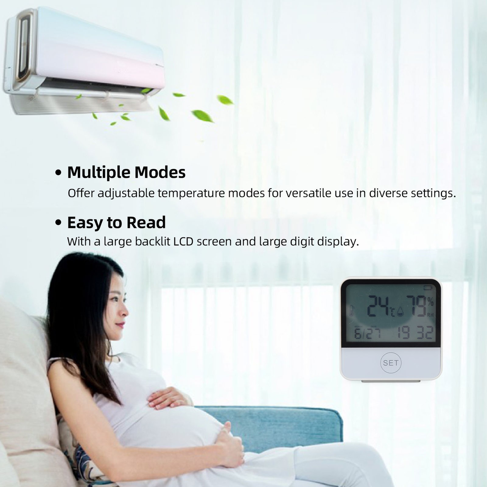 Indoor Thermometer Hygrometer LCD Large Display Backlit Adjustable Modes Di