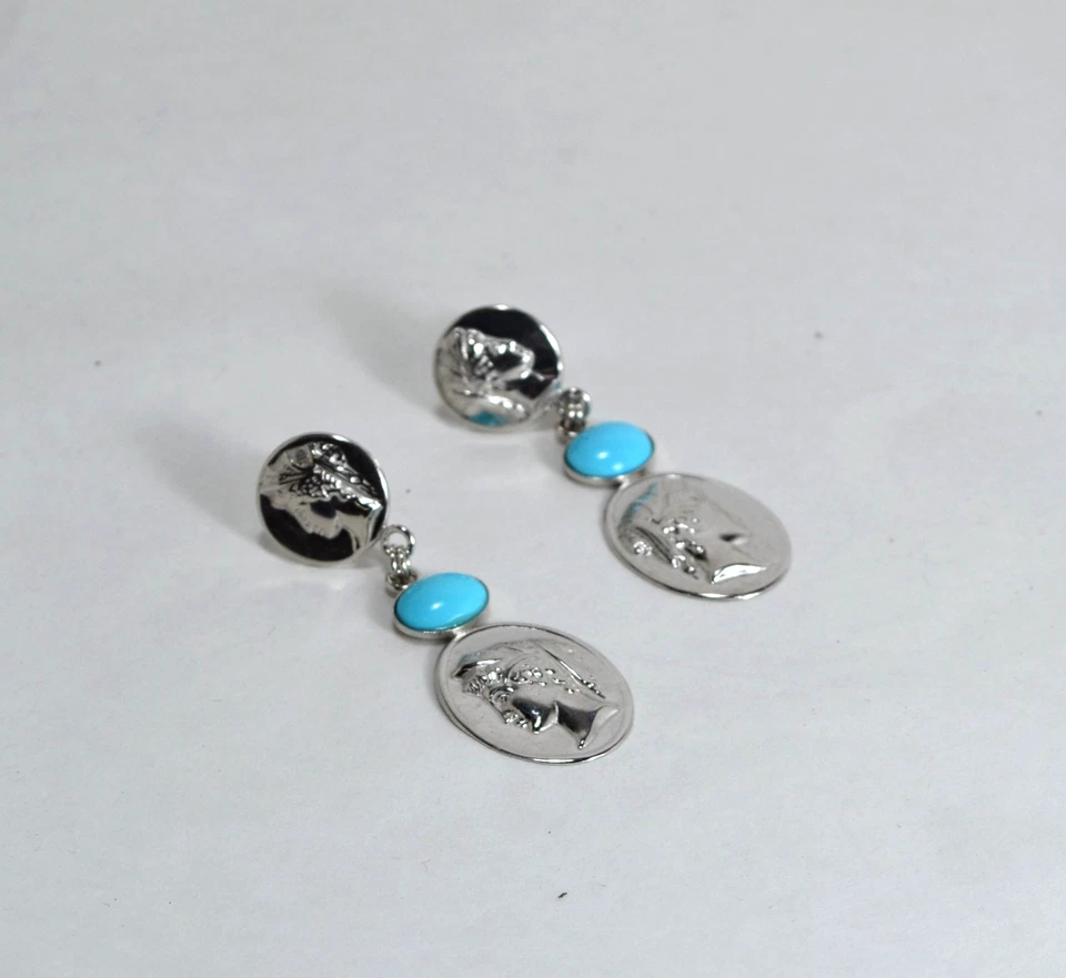 ORECCHINI  ARGENTO 925 RODIATO TURCHESE NATURALE  CABOCHON MEDAGLIE   AGHT 0983 - Immagine 2 di 3