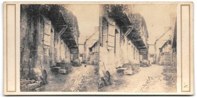 Picturesque street village Etretat? Stereo photo circa 1855 gold border
