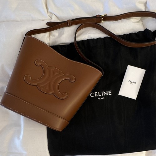CELINE Triomphe saddle Bucket Bag Adjustable Strap, Gold Hardware, Dust Bag