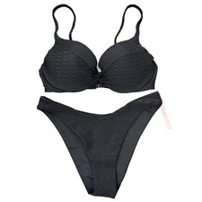 Victorias Secret Black Textured Smocked Brazilian Bikini Set 32C / Small NWT