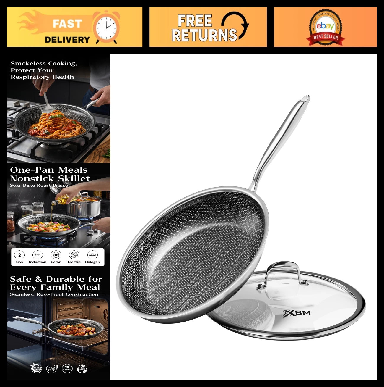 10-Inch Nonstick Frying Pan with Lid, Durable Stainless Steel Skillet, Induction