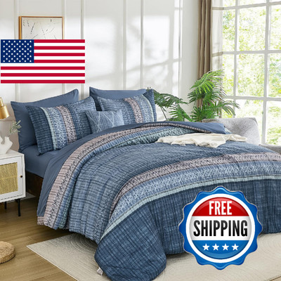 Dintszyayue Blue Comforter Set Queen Size 8 Pieces Boho Striped Bedding Microfib