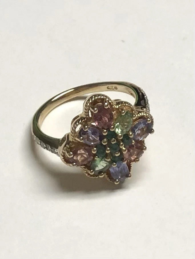 Anillo mezcla de zafiros y diamantes - Placa de oro de plata de ley 925 | Gemas naturales Foto 2 de 4