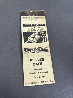 Vintage Matchbook  DE LUXE CAFE - Opposite Gorrells Warehouse 