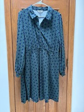 Boden Orla Short Jersey Shirt Dress Collared Button Geometric Blue/Green 20-22R