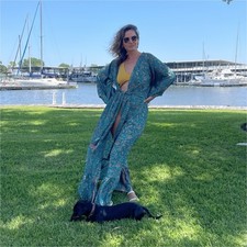 Teal Multicolor Floral Long Sleeve Kimono Robe Ruffle Hem One Size