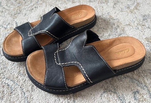 Clarks Arwell Walk Black Leather Comfort Sandals Slip-On Size 7M