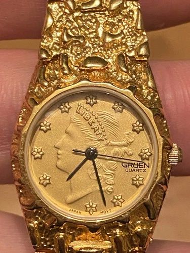 Vintage Gruen Gold Nugget Lady Liberty Coin Watch Quartz Mens/Ladies New Battery