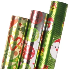 Ribbli Christmas Wrapping Paper 3 Rolls Green Silver Red Metallic Foil Shine ...