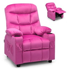 Kids Youth Recliner Chair Velvet Fabric w/Cup Holder  Side Pocket Pink
