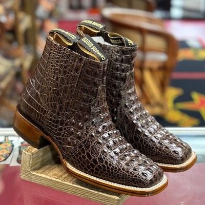 Genuine Leather Exotic Alligator Caiman Print Square Toe Ankle Cowboy Boot-Brown