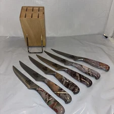 Rivers Edge products camouflage steak knives w/block lot of 6,Serrated meat kniv