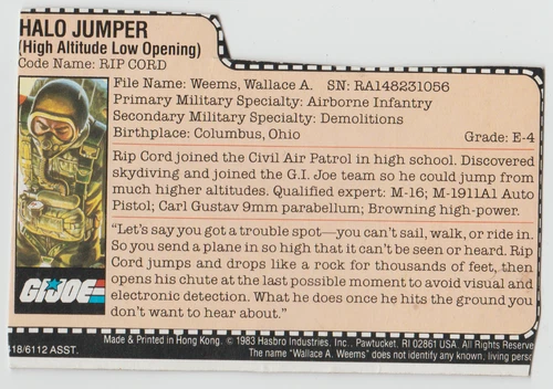 GI Joe ARAH 1984 Ripcord v.1 - File Card